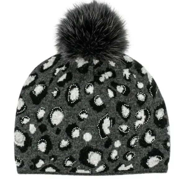 Marie Dumas Leopard Print Knitted Hat with Fox Pom