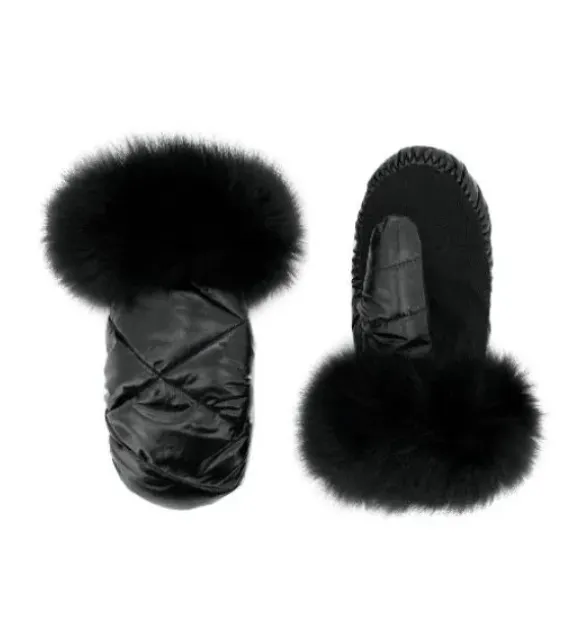 Marie Dumas Nylon Gloves with Fur - Black